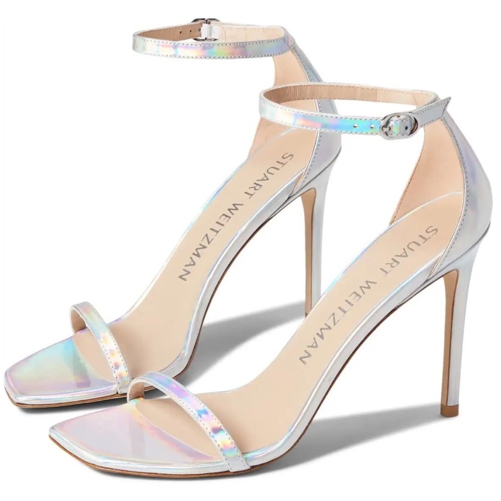 Stuart Weitzman nudistcurve silver hologram heels